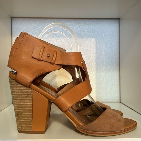 DV Dolce Vita Tan Leather Block Heel Sandals Strappy Cutout Heels Boho Neutral - Picture 4 of 15
